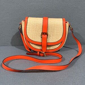 Izzy & Ali Women Straw Crossbody Saddle Bag Red Faux Leather Trim Woven Boho